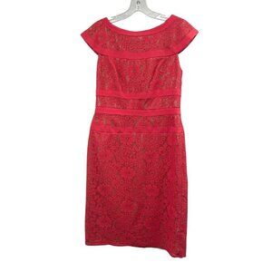 Adrianna Papell Womens Lace Sheath Dress Short Sleeve Coral/Nude Size 4